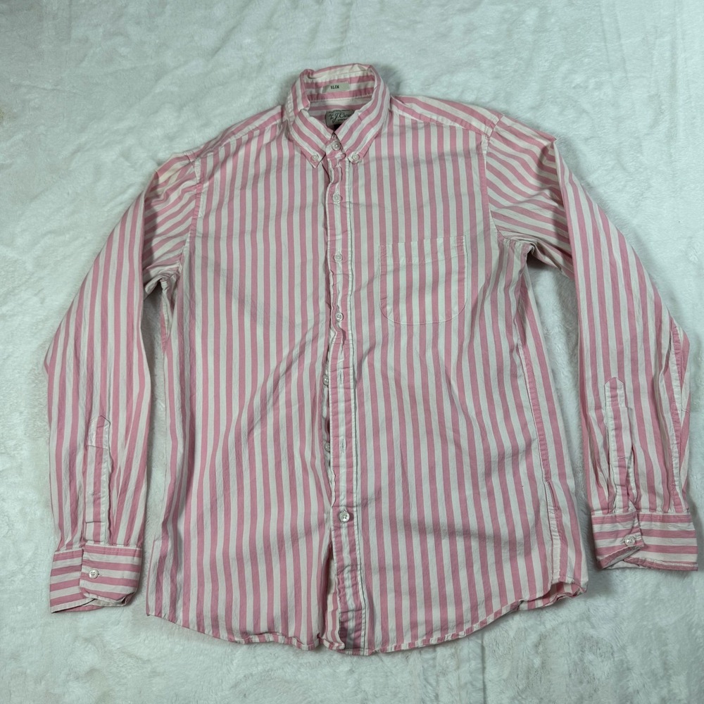 J. Crew Mens Medium Slim Secret Wash Stretch Pink Striped Shirt Long Sleeve